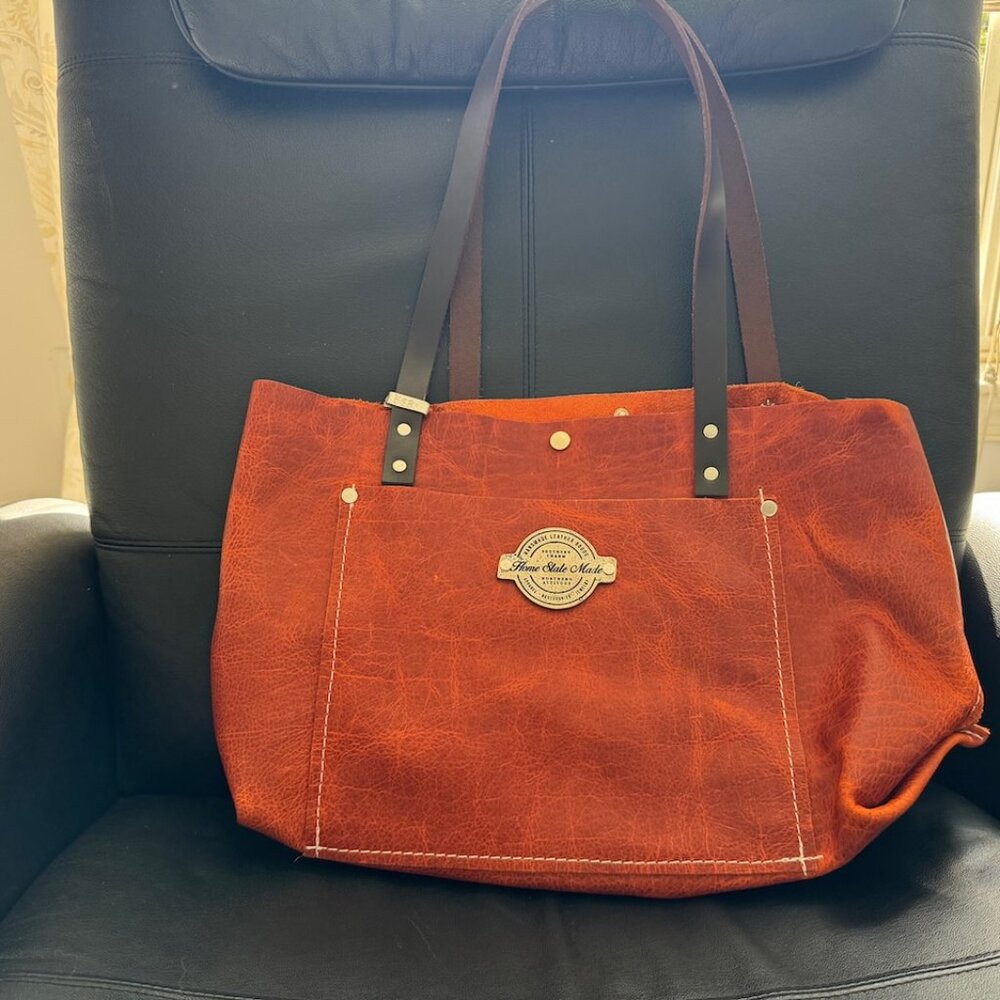 Custome Leather Tote by Home State Made - Sturdy Orange Leather with Brown Strap - Picture 2 of 7